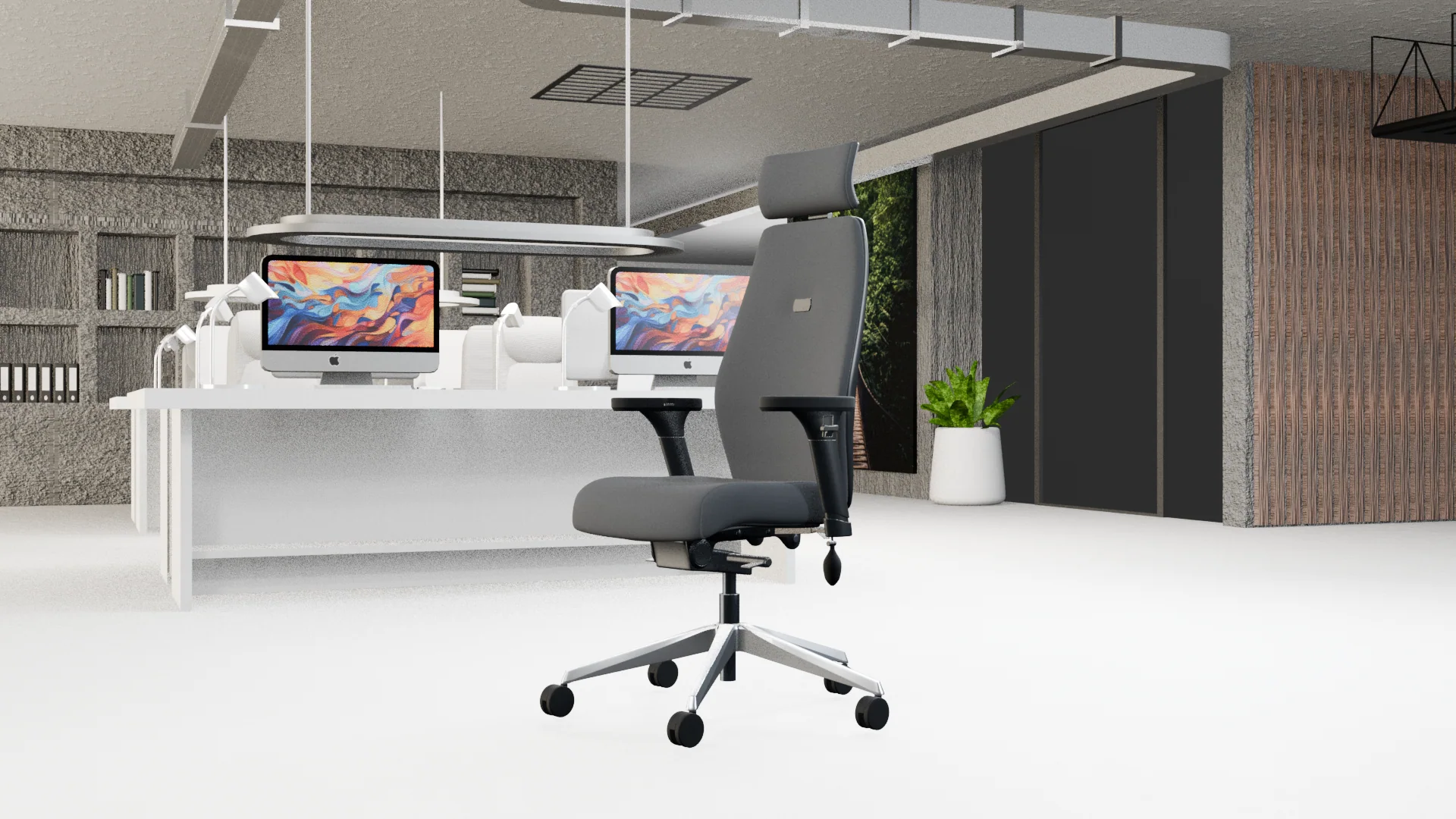 Charcoal Positiv Plus chair with a brushed metal base in a contemporary office